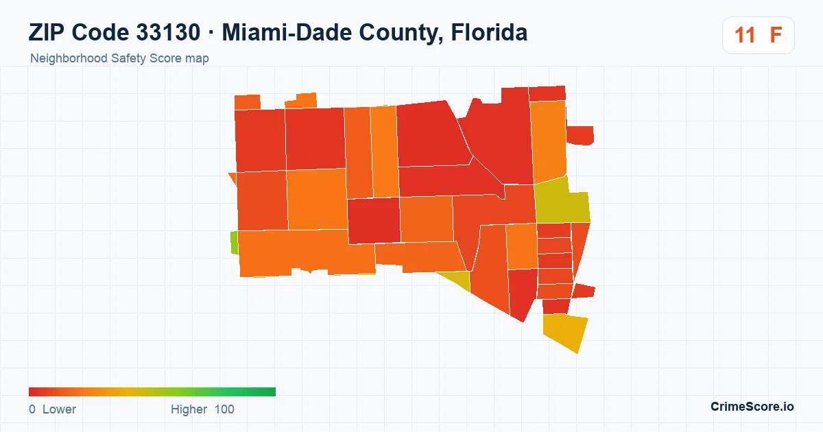 ZIP Code 33130 in Miami-Dade County, Florida neighborhood Safety Score map