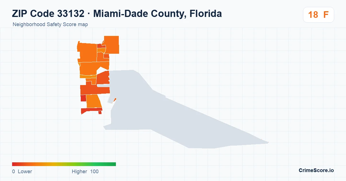 ZIP Code 33132 in Miami-Dade County, Florida neighborhood Safety Score map