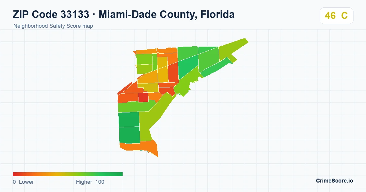 ZIP Code 33133 in Miami-Dade County, Florida neighborhood Safety Score map