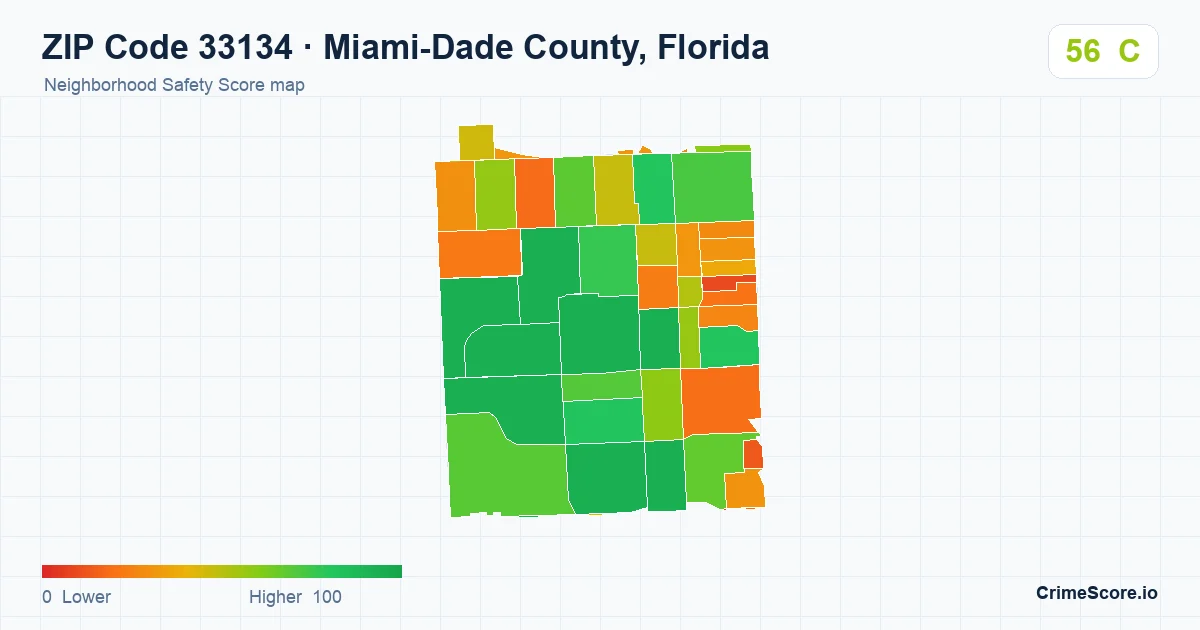 ZIP Code 33134 in Miami-Dade County, Florida neighborhood Safety Score map