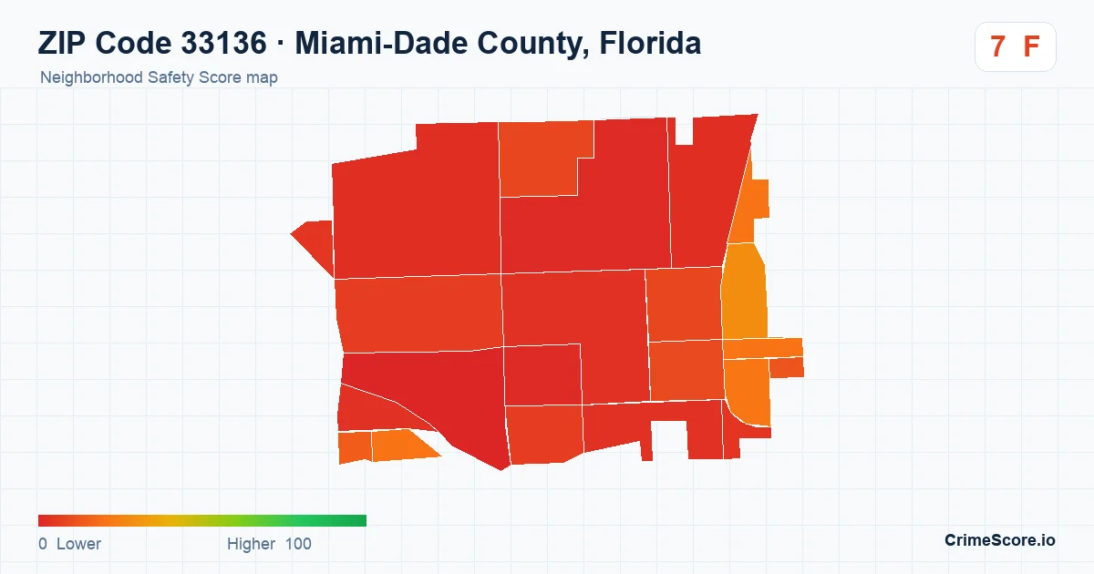 ZIP Code 33136 in Miami-Dade County, Florida neighborhood Safety Score map