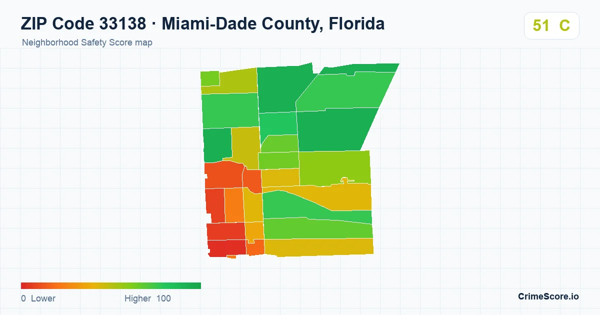 ZIP Code 33138 in Miami-Dade County, Florida neighborhood Safety Score map