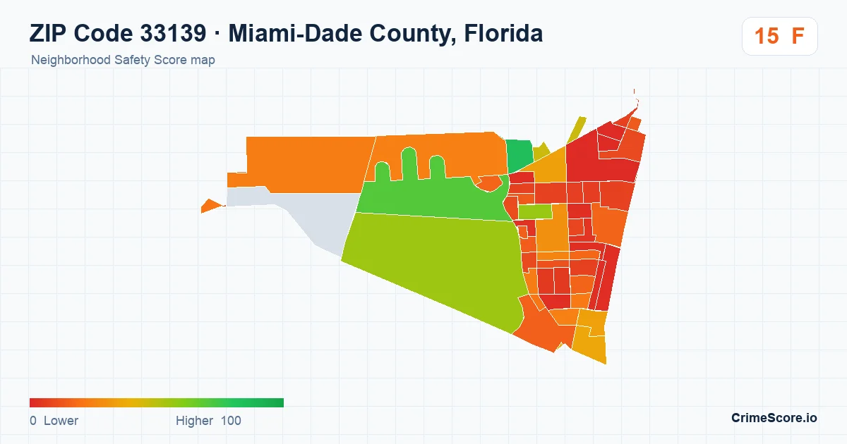ZIP Code 33139 in Miami-Dade County, Florida neighborhood Safety Score map
