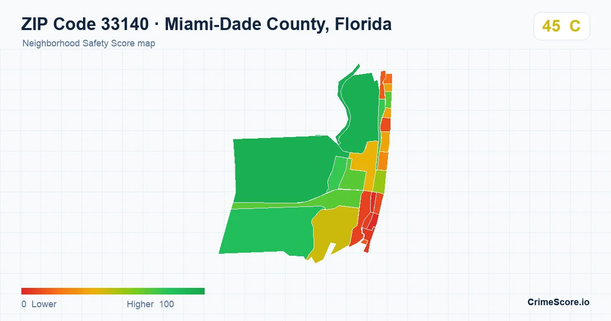ZIP Code 33140 in Miami-Dade County, Florida neighborhood Safety Score map