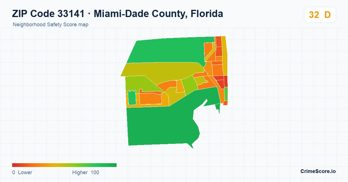 ZIP Code 33141 in Miami-Dade County, Florida neighborhood Safety Score map