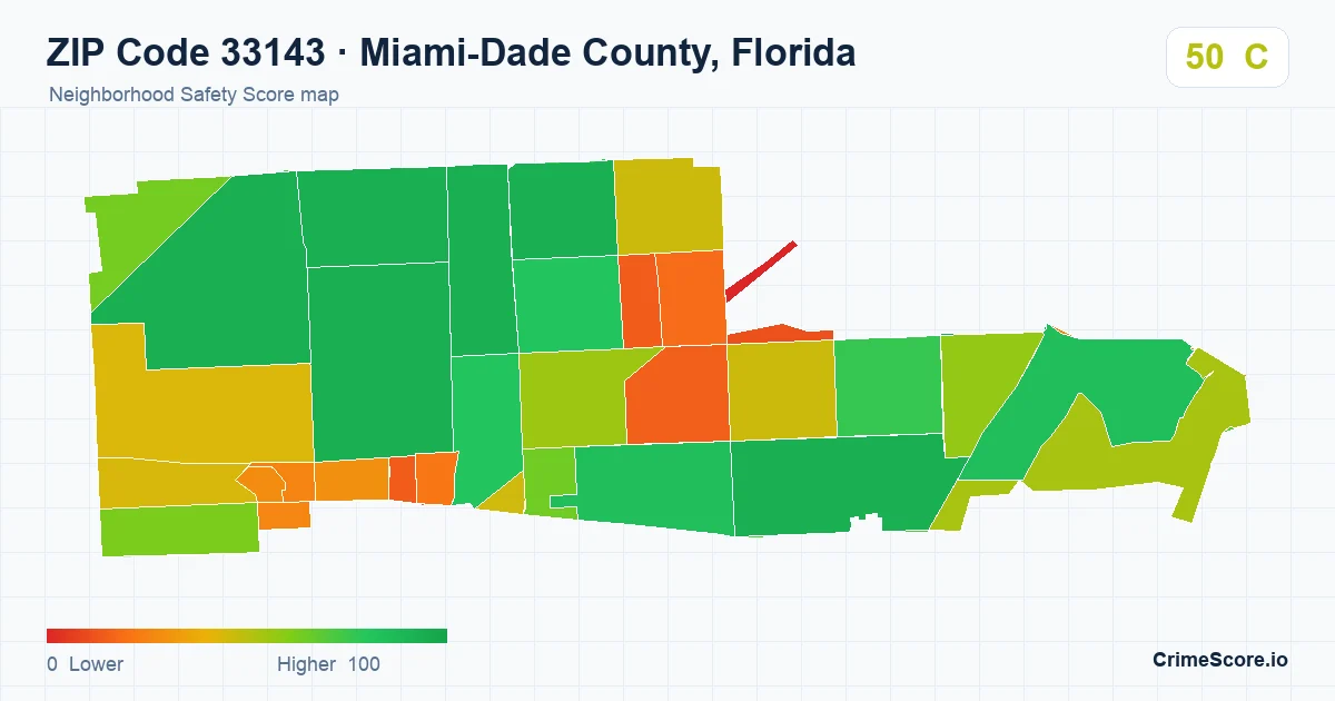 ZIP Code 33143 in Miami-Dade County, Florida neighborhood Safety Score map