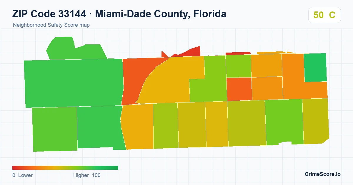 ZIP Code 33144 in Miami-Dade County, Florida neighborhood Safety Score map