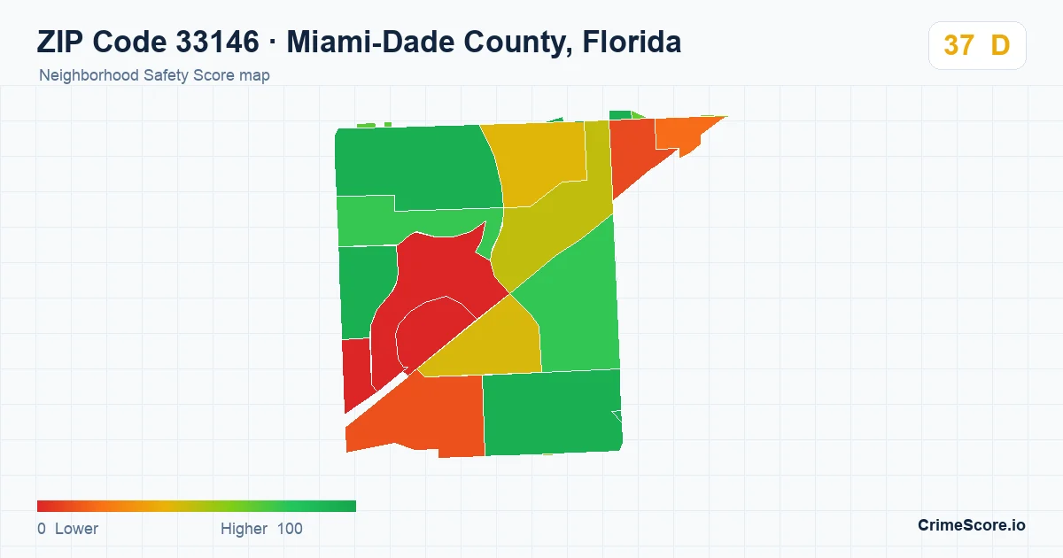ZIP Code 33146 in Miami-Dade County, Florida neighborhood Safety Score map