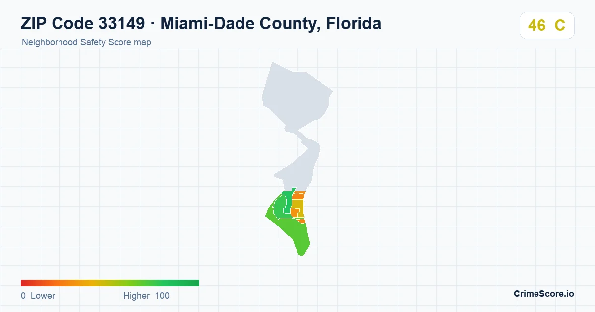 ZIP Code 33149 in Miami-Dade County, Florida neighborhood Safety Score map