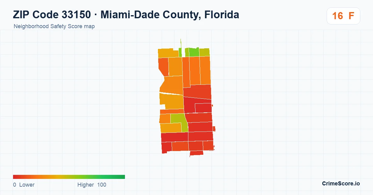 ZIP Code 33150 in Miami-Dade County, Florida neighborhood Safety Score map