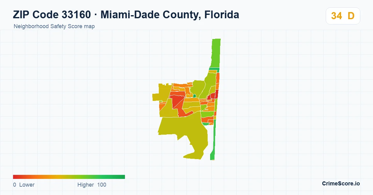 ZIP Code 33160 in Miami-Dade County, Florida neighborhood Safety Score map