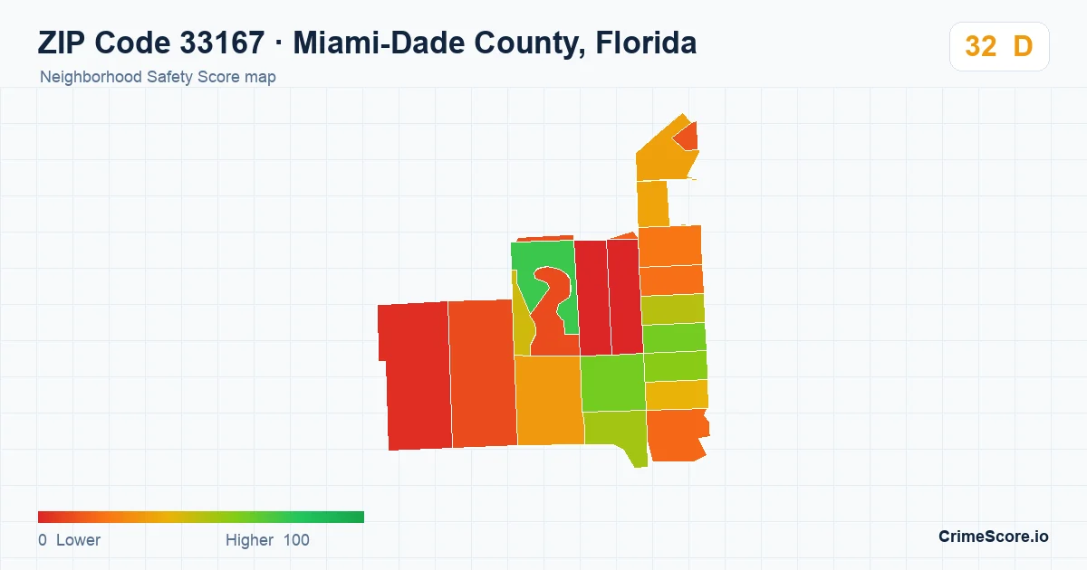 ZIP Code 33167 in Miami-Dade County, Florida neighborhood Safety Score map