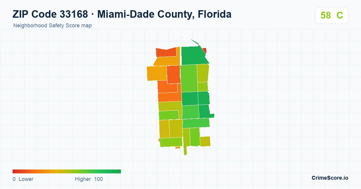 ZIP Code 33168 in Miami-Dade County, Florida neighborhood Safety Score map