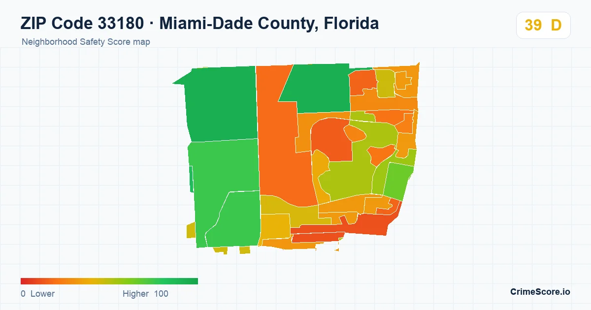 ZIP Code 33180 in Miami-Dade County, Florida neighborhood Safety Score map