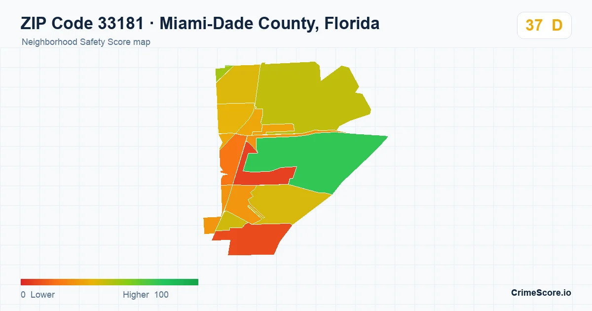 ZIP Code 33181 in Miami-Dade County, Florida neighborhood Safety Score map