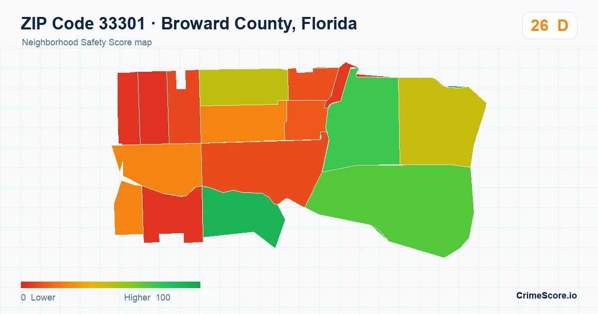 ZIP Code 33301 in Broward County, Florida neighborhood Safety Score map