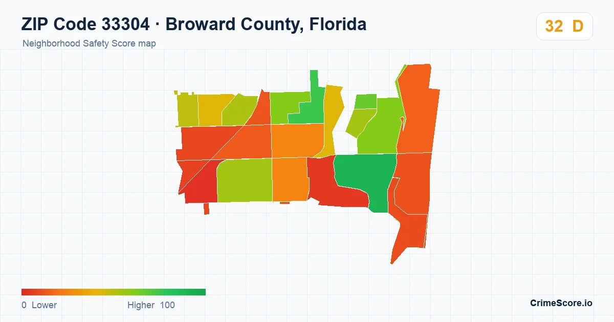 ZIP Code 33304 in Broward County, Florida neighborhood Safety Score map