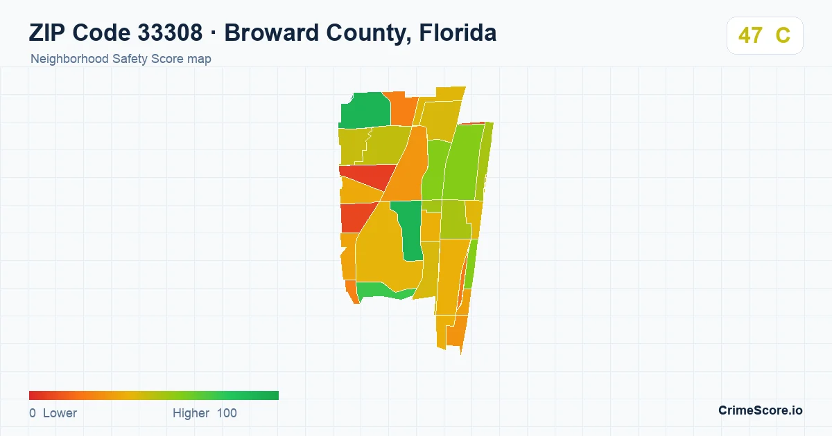ZIP Code 33308 in Broward County, Florida neighborhood Safety Score map