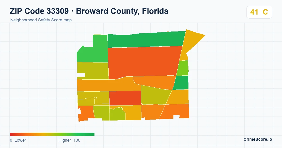 ZIP Code 33309 in Broward County, Florida neighborhood Safety Score map