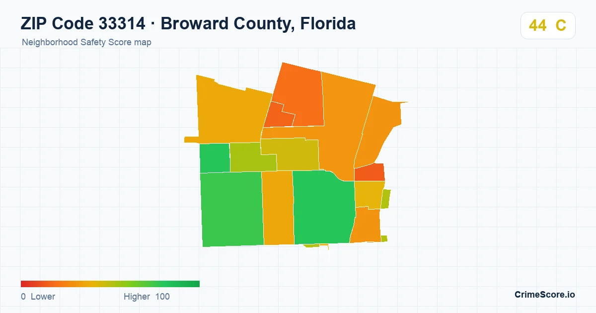 ZIP Code 33314 in Broward County, Florida neighborhood Safety Score map