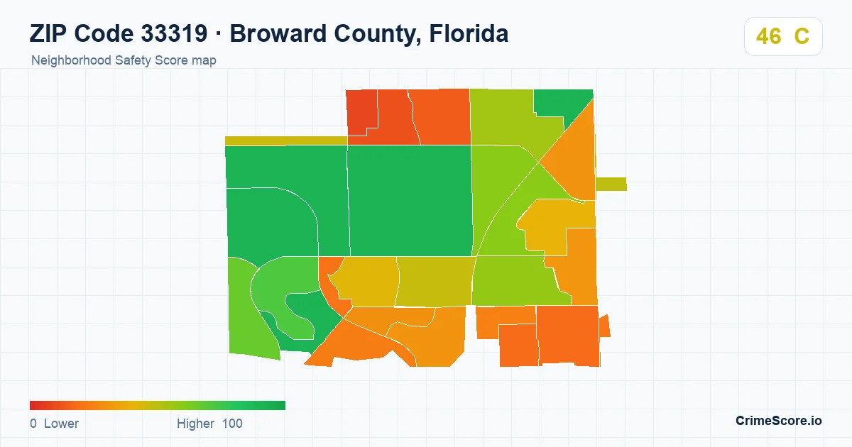 ZIP Code 33319 in Broward County, Florida neighborhood Safety Score map