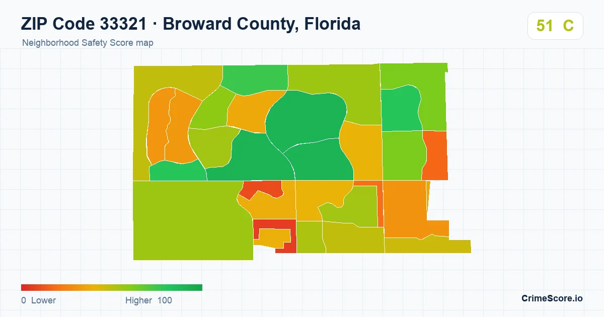 ZIP Code 33321 in Broward County, Florida neighborhood Safety Score map