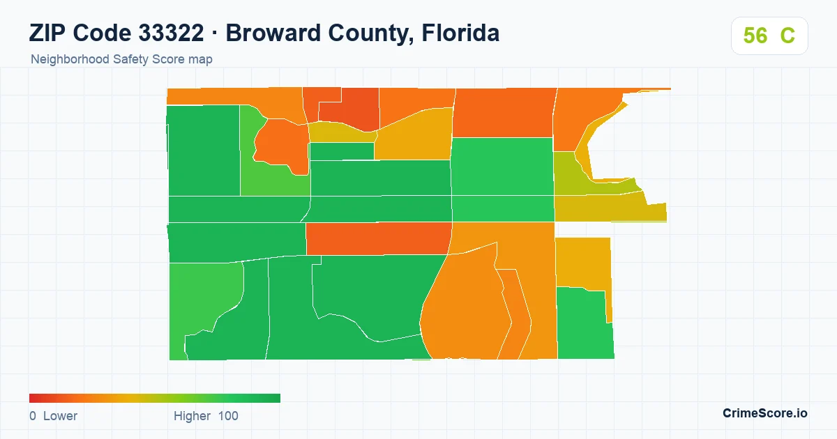 ZIP Code 33322 in Broward County, Florida neighborhood Safety Score map