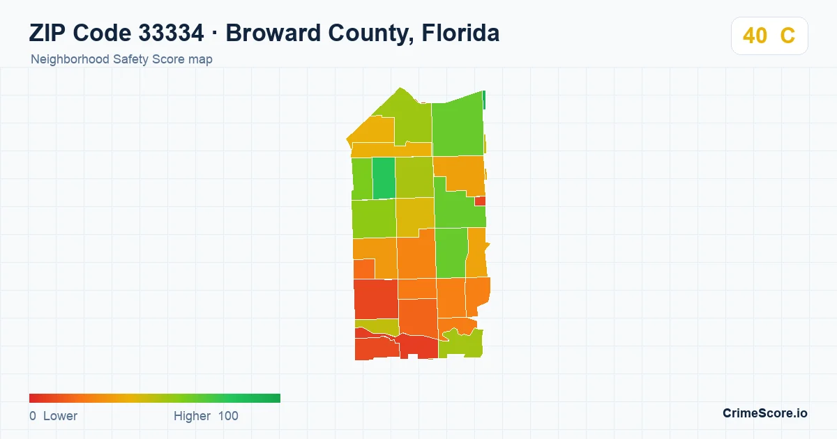 ZIP Code 33334 in Broward County, Florida neighborhood Safety Score map