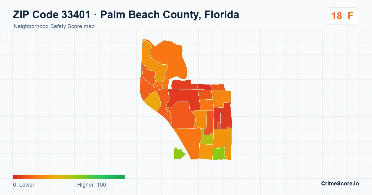 ZIP Code 33401 in Palm Beach County, Florida neighborhood Safety Score map