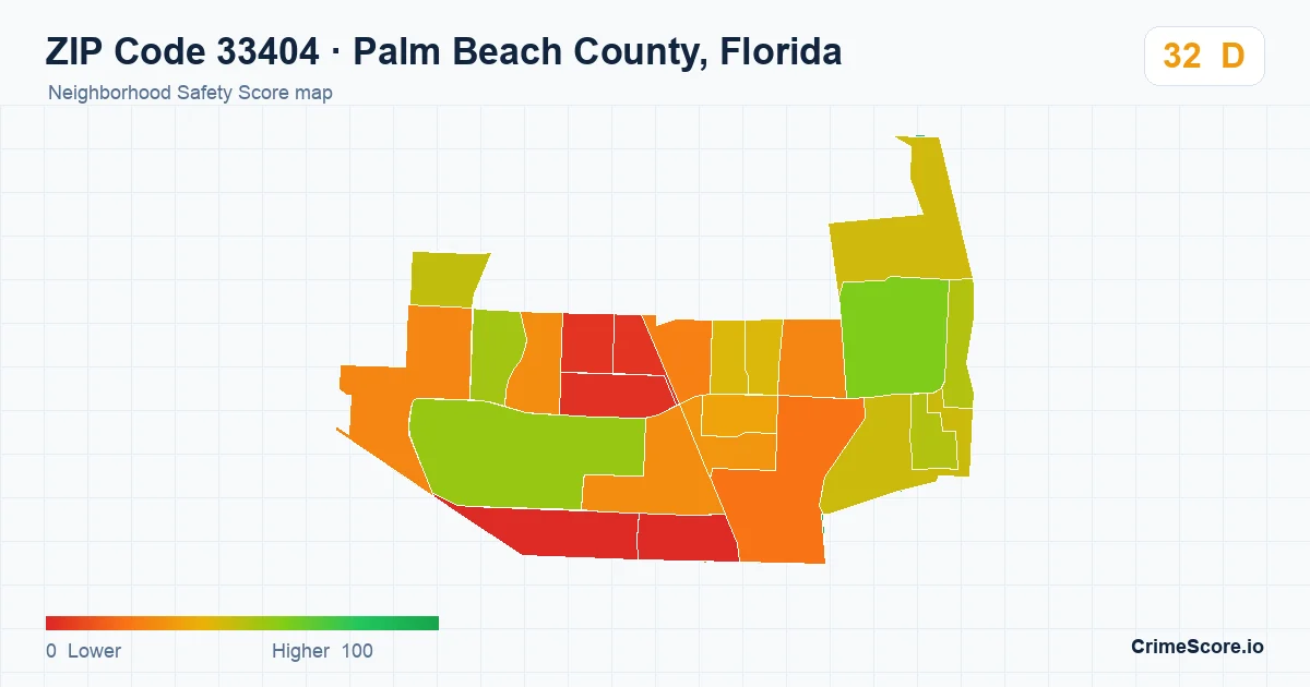 ZIP Code 33404 in Palm Beach County, Florida neighborhood Safety Score map