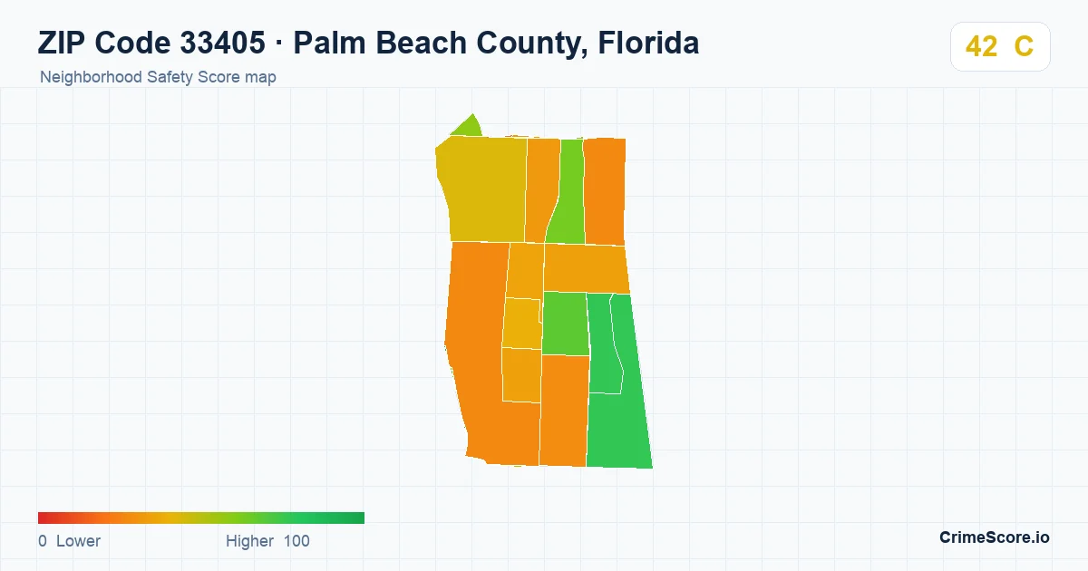 ZIP Code 33405 in Palm Beach County, Florida neighborhood Safety Score map