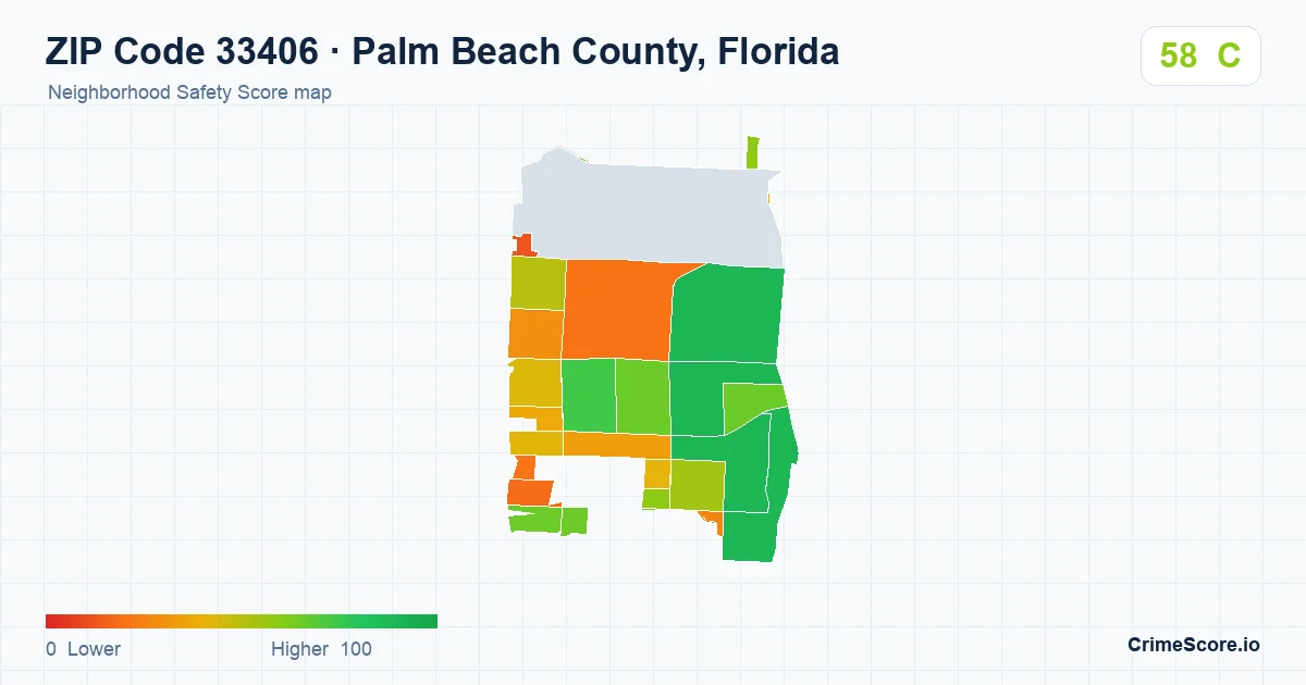 ZIP Code 33406 in Palm Beach County, Florida neighborhood Safety Score map