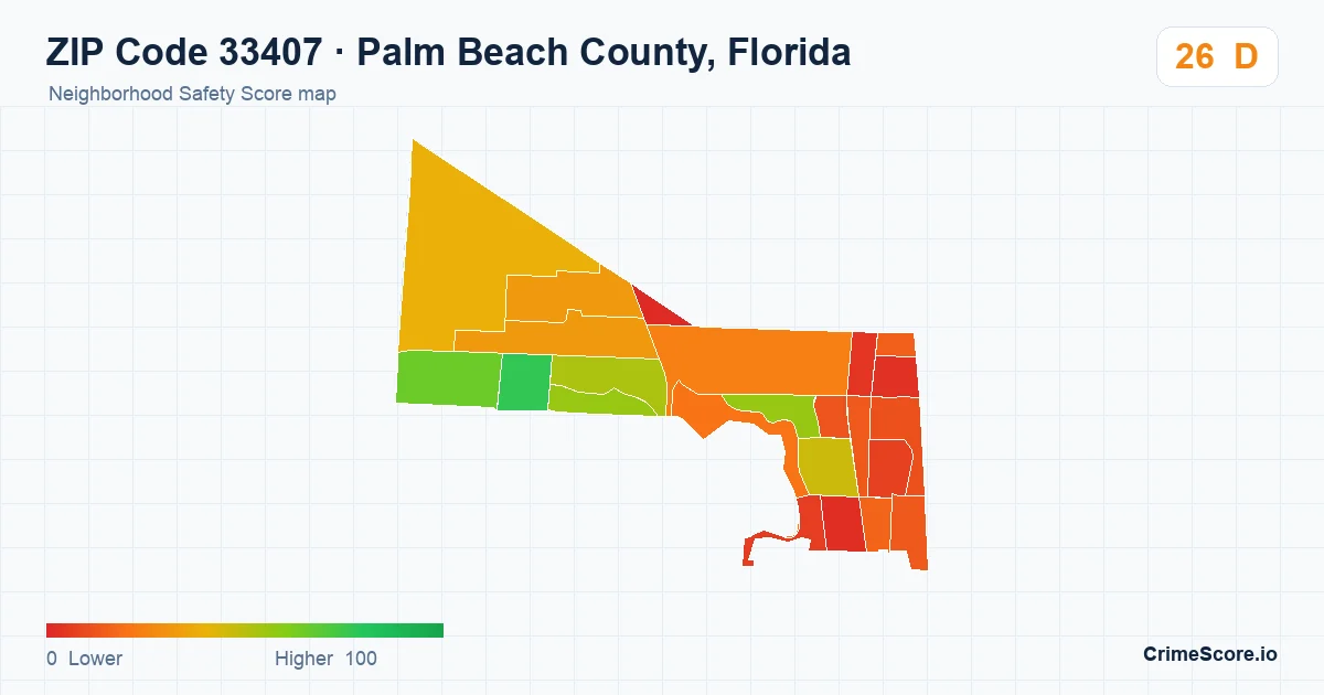 ZIP Code 33407 in Palm Beach County, Florida neighborhood Safety Score map