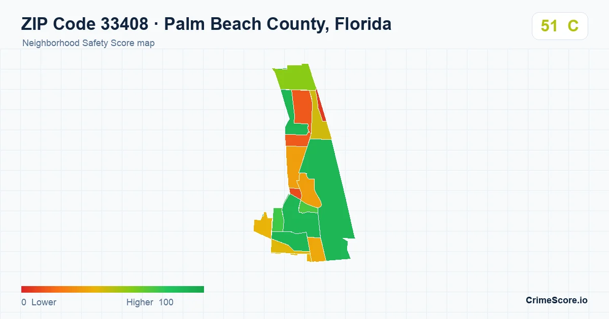 ZIP Code 33408 in Palm Beach County, Florida neighborhood Safety Score map