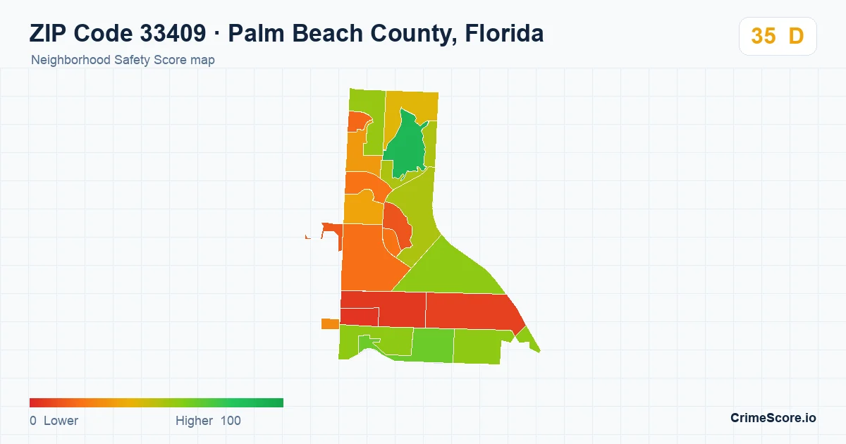 ZIP Code 33409 in Palm Beach County, Florida neighborhood Safety Score map