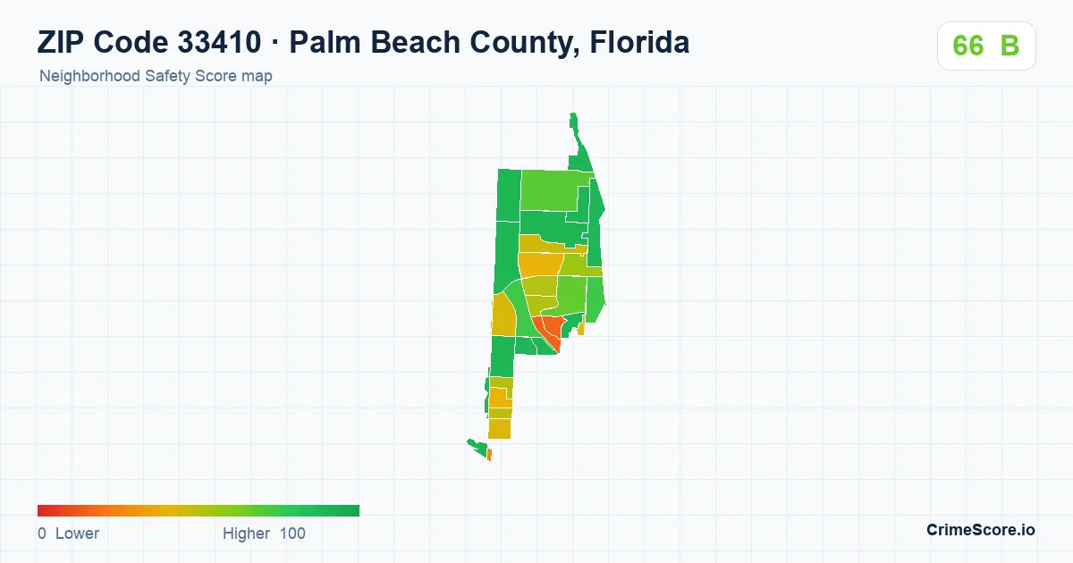 ZIP Code 33410 in Palm Beach County, Florida neighborhood Safety Score map