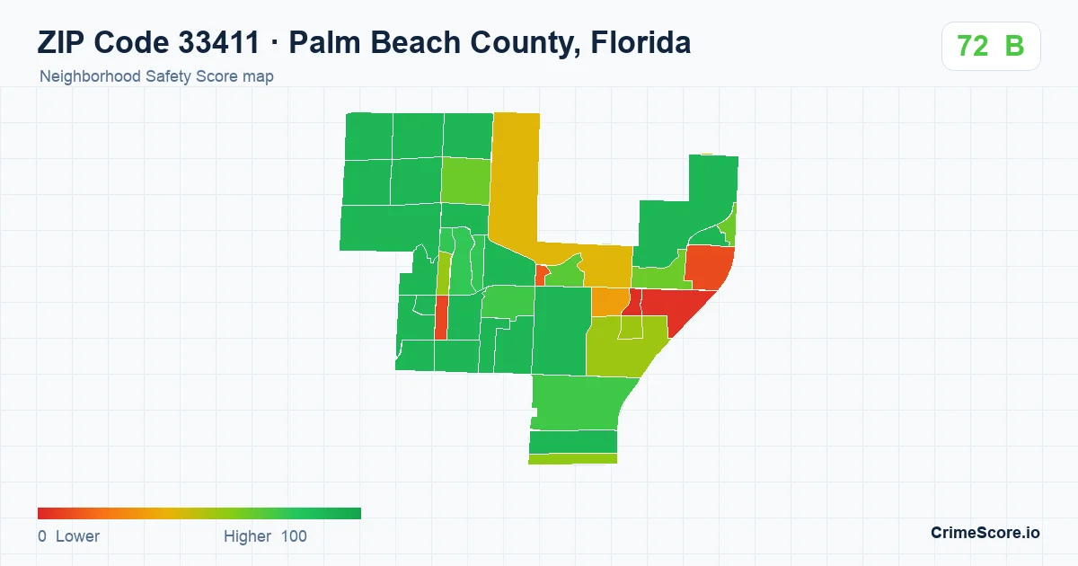 ZIP Code 33411 in Palm Beach County, Florida neighborhood Safety Score map
