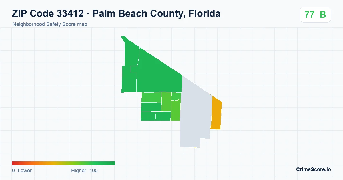ZIP Code 33412 in Palm Beach County, Florida neighborhood Safety Score map