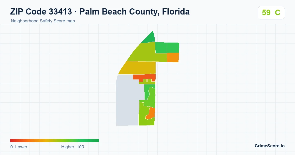 ZIP Code 33413 in Palm Beach County, Florida neighborhood Safety Score map