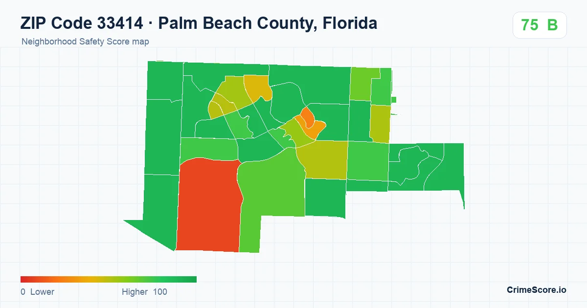 ZIP Code 33414 in Palm Beach County, Florida neighborhood Safety Score map