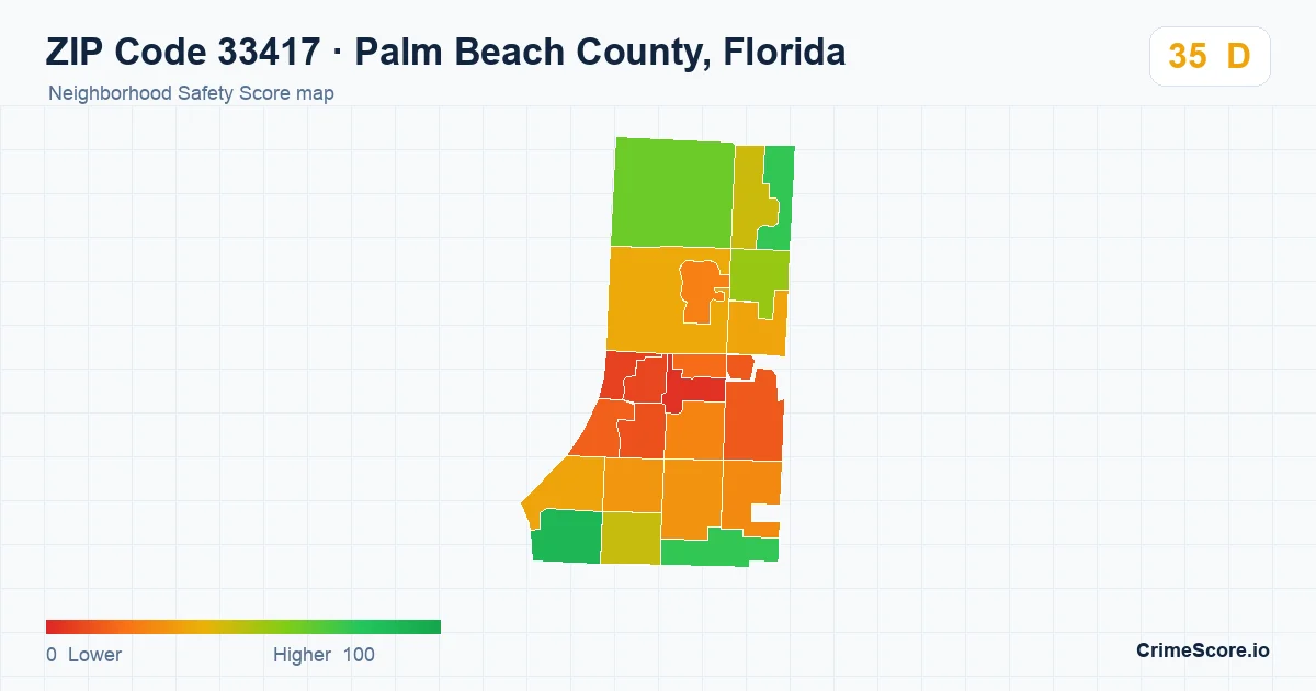 ZIP Code 33417 in Palm Beach County, Florida neighborhood Safety Score map