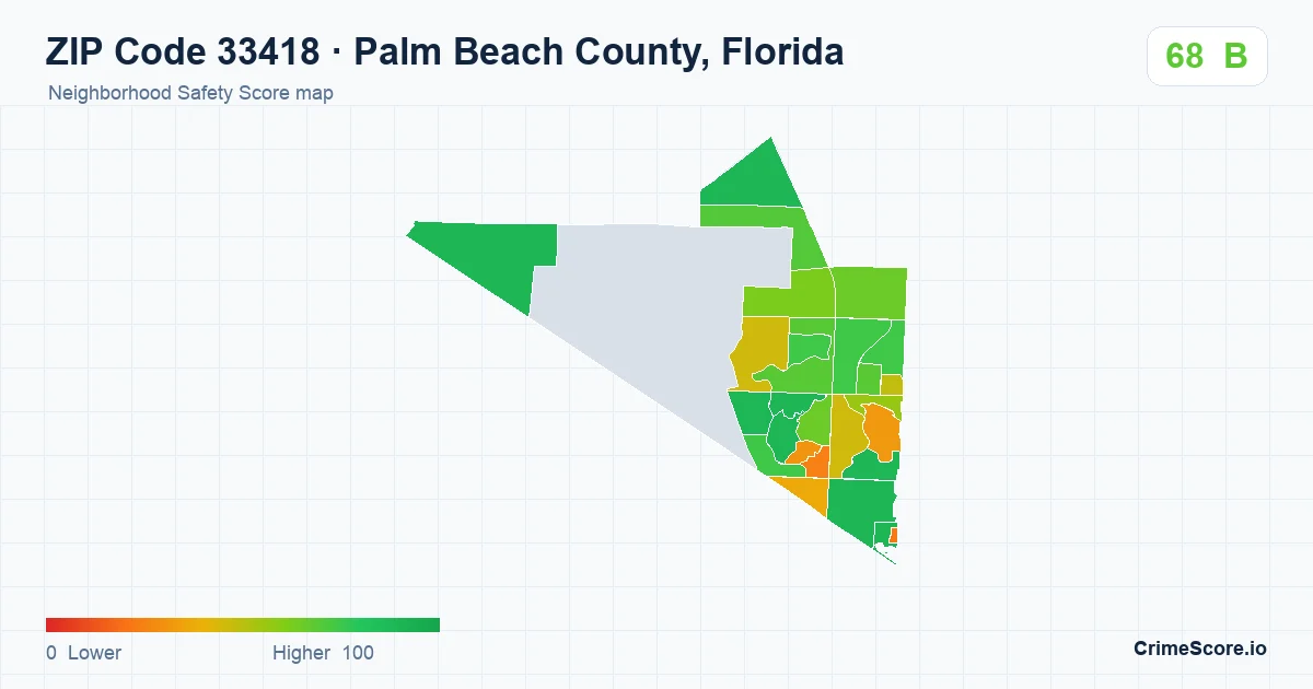 ZIP Code 33418 in Palm Beach County, Florida neighborhood Safety Score map