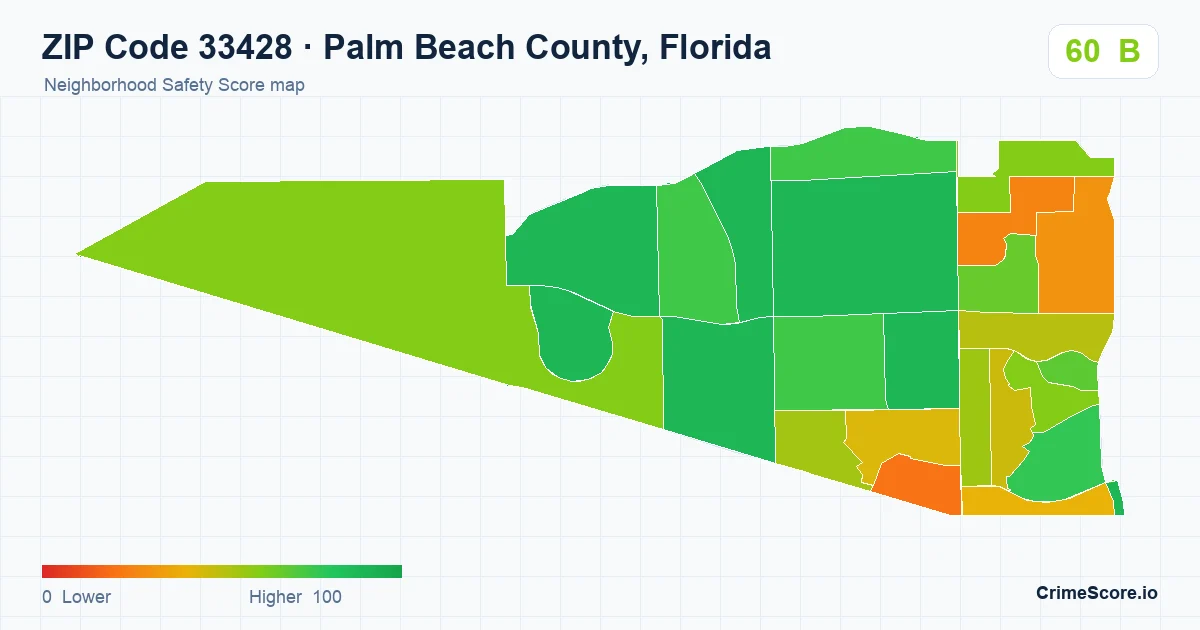 ZIP Code 33428 in Palm Beach County, Florida neighborhood Safety Score map