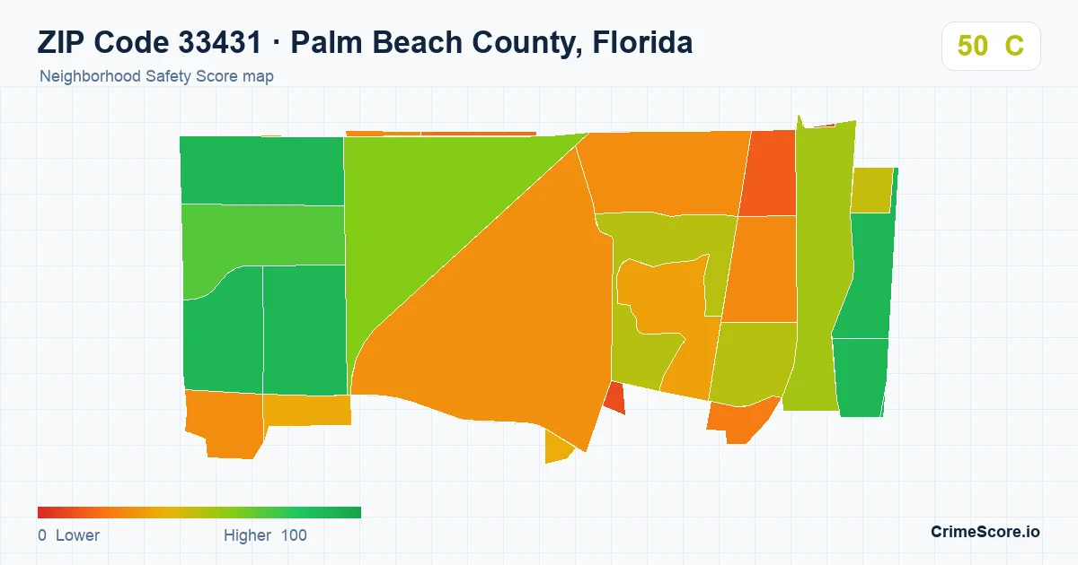 ZIP Code 33431 in Palm Beach County, Florida neighborhood Safety Score map