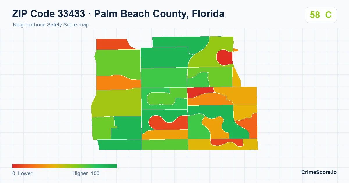 ZIP Code 33433 in Palm Beach County, Florida neighborhood Safety Score map