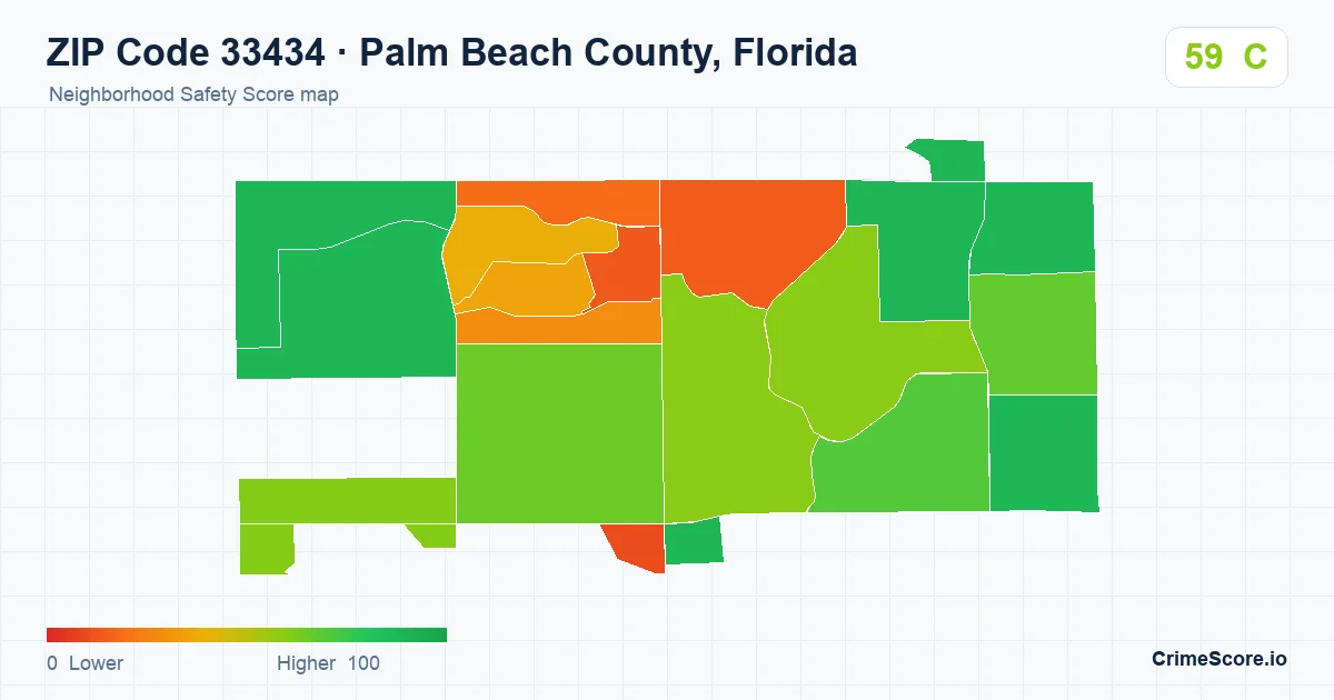 ZIP Code 33434 in Palm Beach County, Florida neighborhood Safety Score map