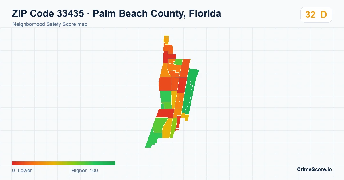 ZIP Code 33435 in Palm Beach County, Florida neighborhood Safety Score map