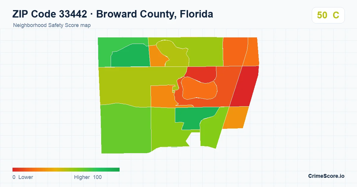 ZIP Code 33442 in Broward County, Florida neighborhood Safety Score map