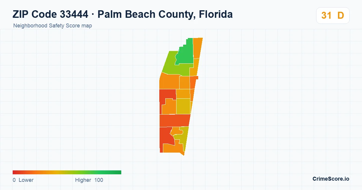 ZIP Code 33444 in Palm Beach County, Florida neighborhood Safety Score map