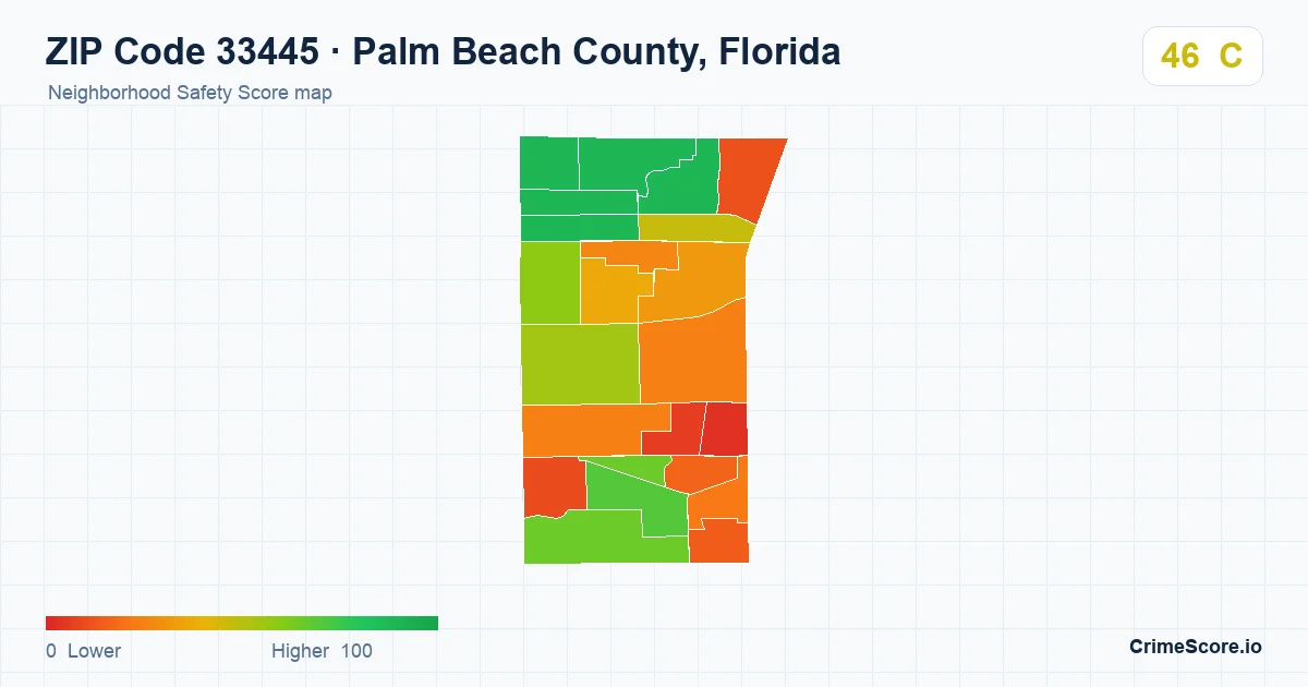 ZIP Code 33445 in Palm Beach County, Florida neighborhood Safety Score map